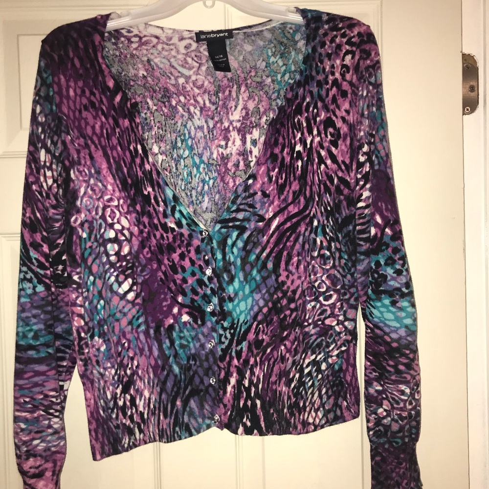 Pink, purple, blue “cheetah” print dressy cardigan